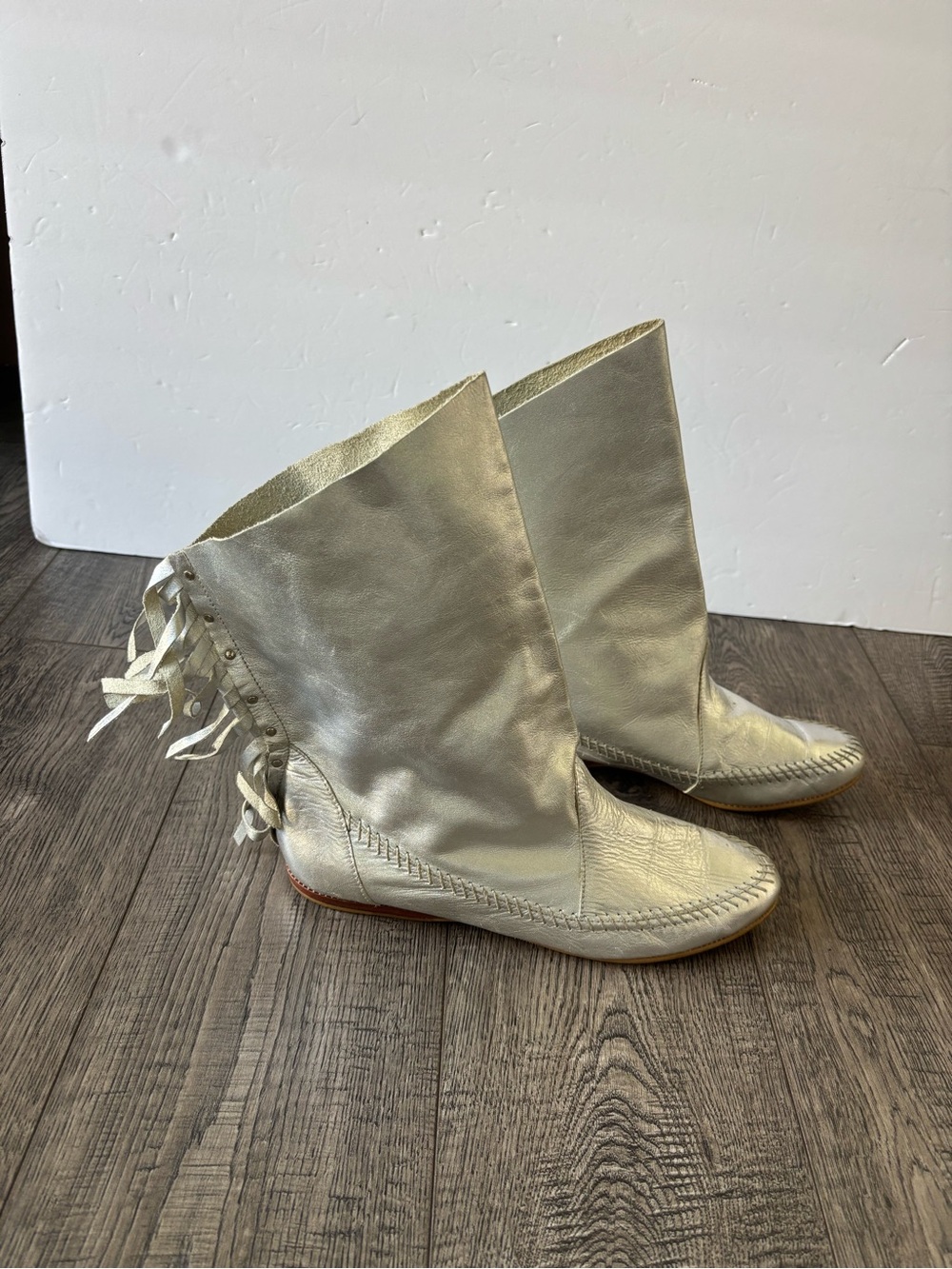 Women’s Metallic Silver Leather Mid-Calf fringe Booties
